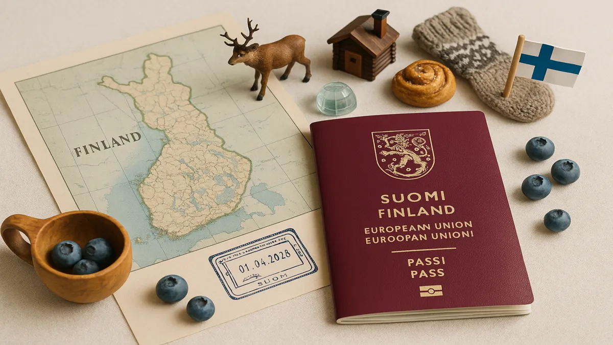 Flat lay of Finnish passport, blueberries, kuksa cup, and map of Finland with cultural icons – Finland Travel Guide