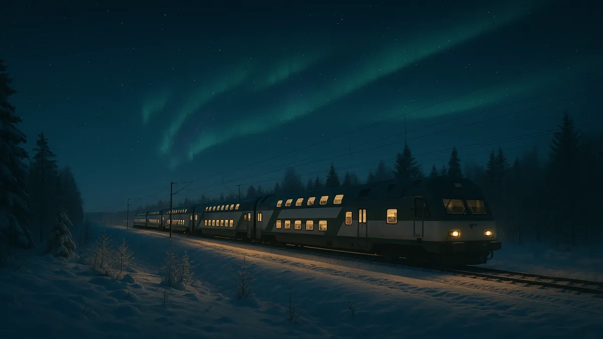 Finland Travel Guide 2025: Essential Tips for a Magical Arctic Adventure 7 Santa Claus Express train gliding through snowy Finland under the Northern Lights – Finland Travel Guide