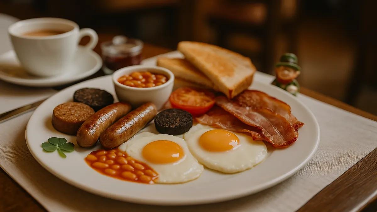 Ireland Travel Guide 2025: Essential Tips for an Unforgettable First Trip 5 Traditional Full Irish Breakfast with sausage, eggs, black pudding, and toast in a cozy Irish setting – Ireland Travel Guide