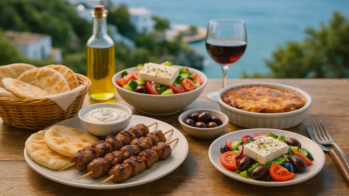 Greece Travel Guide 2025: Essential Tips for an Unforgettable First Trip 8 Traditional Greek food spread featuring souvlaki, tzatziki, Greek salad, moussaka, and olives – Must-Try Greek Dishes. Greece Travel Guide