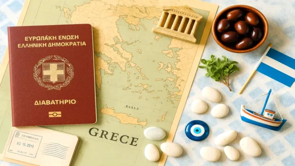 Greece Travel Guide: 15 Essential Tips for an Unforgettable First Trip 6 Flat lay of Greek travel essentials including a passport, a map of Greece, and miniature cultural symbols – Greece Travel Guide