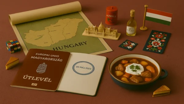Hungary Travel Guide: 15 Essential Tips for an Unforgettable First Trip 9 A flat lay image of a Hungarian passport, map, and miniature cultural icons like paprika, Tokaji wine, and Dobos Torte for a Hungary travel guide