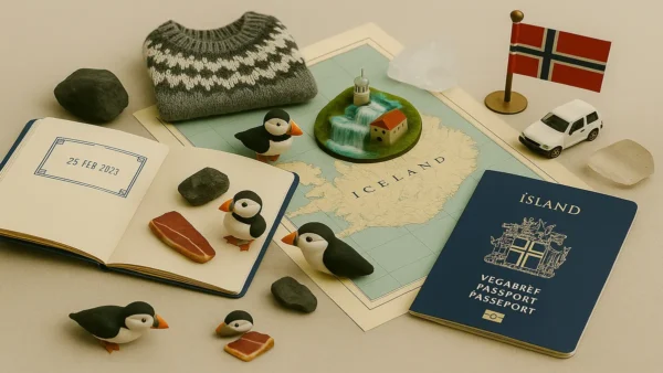 Iceland Travel Guide: 15 Essential Tips for an Unforgettable First Trip 9 Flat lay of an Icelandic passport, puffins, volcanic rocks, and a map with miniature landmarks – Iceland Travel Guide