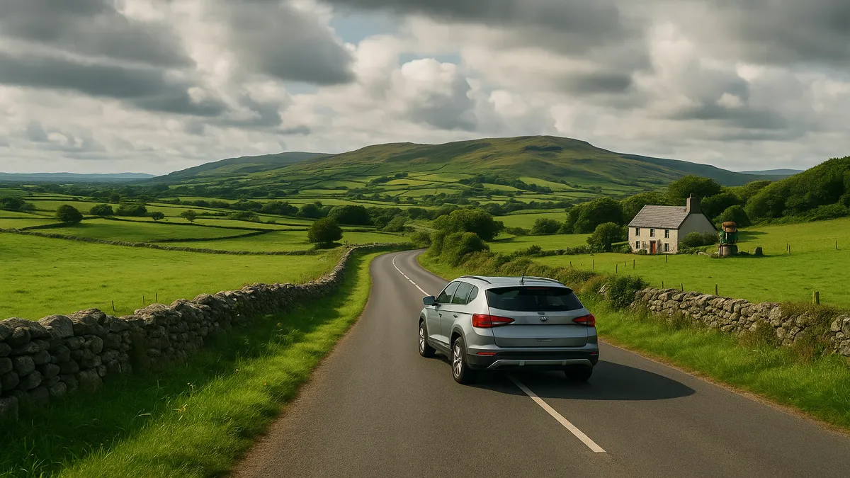 Ireland Travel Guide 2025: Essential Tips for an Unforgettable First Trip 4 Scenic rural road in Ireland with a car driving on the left side, surrounded by green hills – Ireland Travel Guide