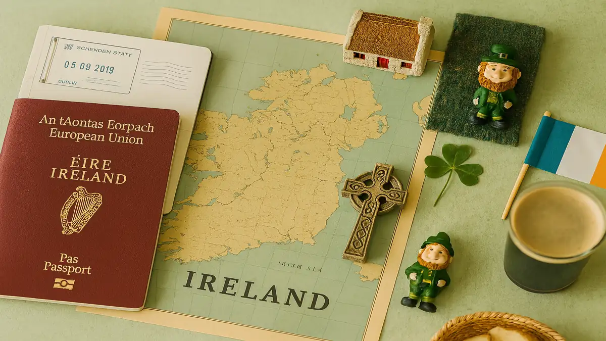 Flat lay of Irish travel essentials including a passport, a map of Ireland, and miniature cultural symbols – Ireland Travel Guide