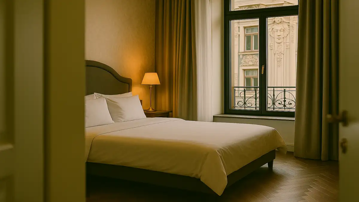 Latvia Travel Guide 2025: Essential Tips for an Unforgettable First Trip 3 Boutique hotel room in Riga’s Art Nouveau district with a view of ornate building facades – Latvia Travel Guide