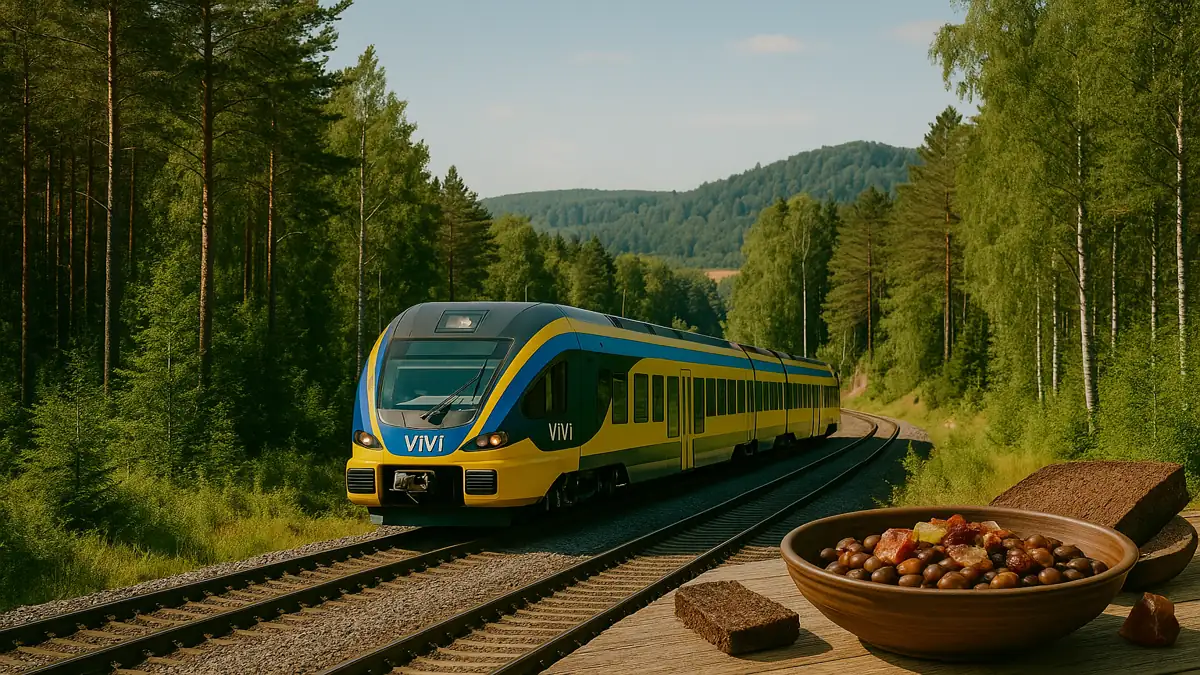 Latvia Travel Guide 2025: Essential Tips for an Unforgettable First Trip 4 A modern Vivi train traveling through Latvia’s lush forest landscape near Gauja National Park – Latvia Travel Guide