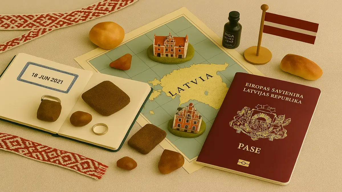 Flat lay image featuring a Latvian passport, vintage map of Latvia, traditional rye bread, amber jewelry, Lielvārde belt, Riga Black Balsam, and miniature landmarks on a light fabric background.