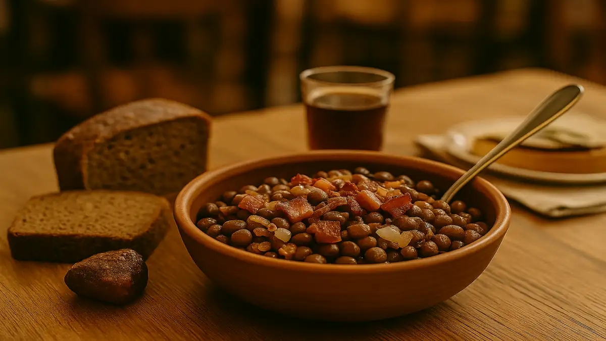 Latvia Travel Guide 2025: Essential Tips for an Unforgettable First Trip 5 Traditional Latvian dish of grey peas with crispy bacon and onions served in a rustic bowl on a wooden table – Latvia Travel Guide