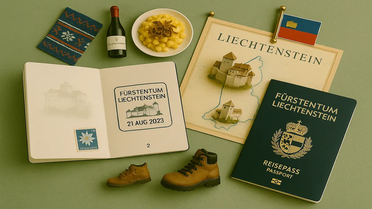 A flat lay of Liechtenstein-themed travel items including passport, map, hiking boots, Käsknöpfle, and cultural symbols, ideal for a Liechtenstein travel guide