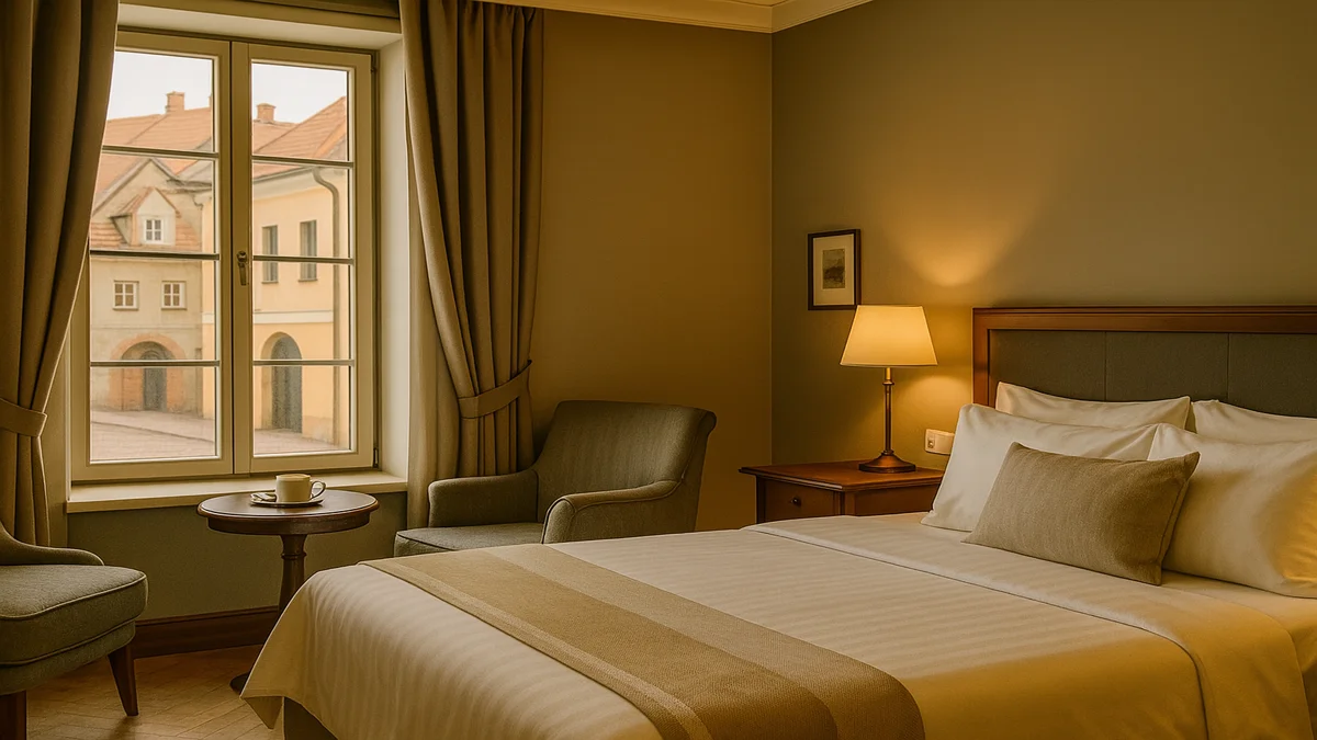 Lithuania Travel Guide 2025: Essential Tips for an Unforgettable First Trip 3 Cozy boutique hotel room in Vilnius Old Town with warm lighting, modern comforts, and a view of historic buildings – Lithuania Travel Guide