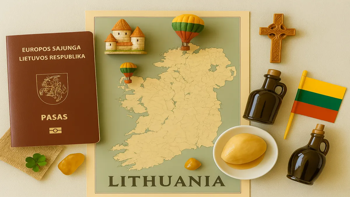 Flat lay of Lithuanian travel essentials including a passport, map, amber, and cultural items – Lithuania Travel Guide