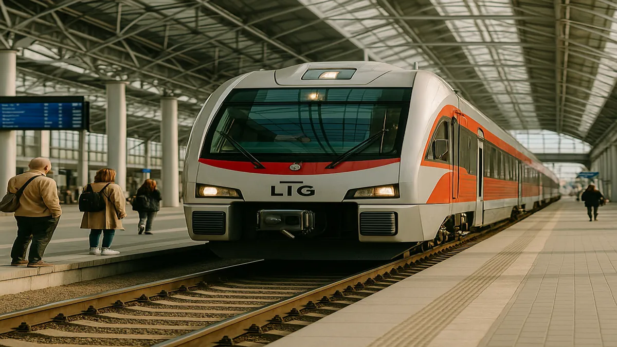 Lithuania Travel Guide 2025: Essential Tips for an Unforgettable First Trip 4 A sleek LTG train arriving at Vilnius station platform with waiting passengers, representing modern and efficient travel – Lithuania Travel Guide
