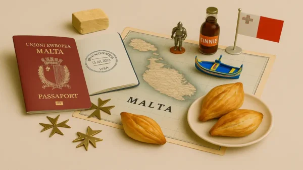Malta Travel Guide: 15 Essential Tips for an Unforgettable First Trip 9 A flat lay featuring a Maltese passport with iconic symbols like pastizzi, a Luzzu boat, a limestone block, and a map of Malta for a Malta travel guide
