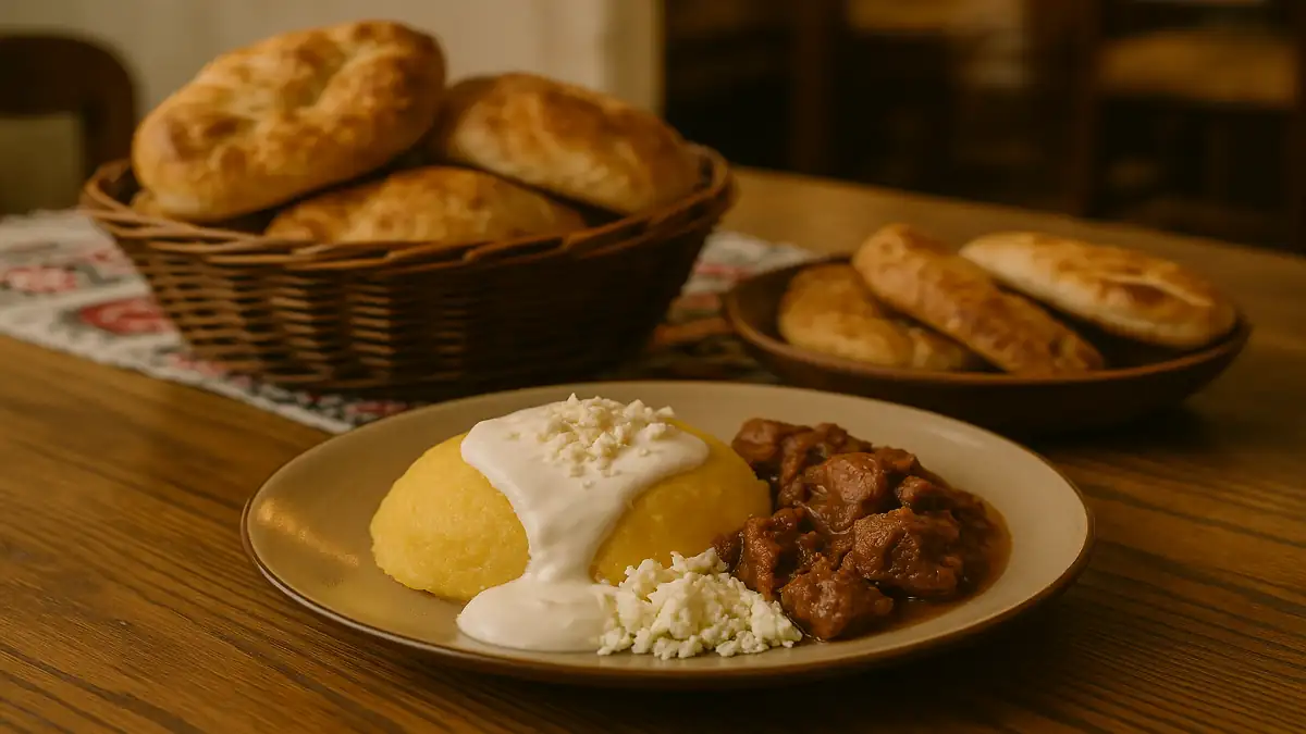 Moldova Travel Guide 2025: Essential Tips for an Unforgettable First Trip 5 A traditional Moldovan meal with creamy mămăligă, cheese, sour cream, tocană, and a basket of fresh plăcinte – Moldova Travel Guide