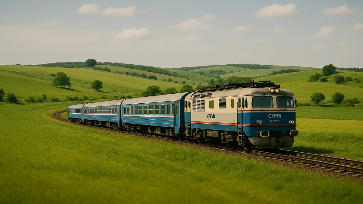 Moldova Travel Guide 2025: Essential Tips for an Unforgettable First Trip 4 A classic Moldovan train traveling through the rolling green hills near Chișinău on a bright summer day – Moldova Travel Guide
