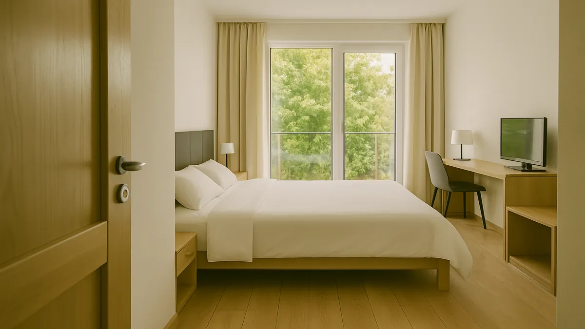 Moldova Travel Guide 2025: Essential Tips for an Unforgettable First Trip 3 A bright, modern bedroom in a Chișinău apartment with a large window overlooking a leafy Moldovan street – Moldova Travel Guide