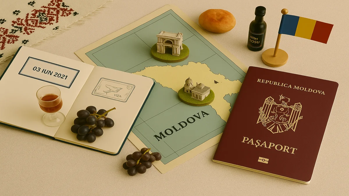 An artistic flat lay featuring an open passport, map of Moldova, and miniature Moldovan cultural icons – Moldova Travel Guide