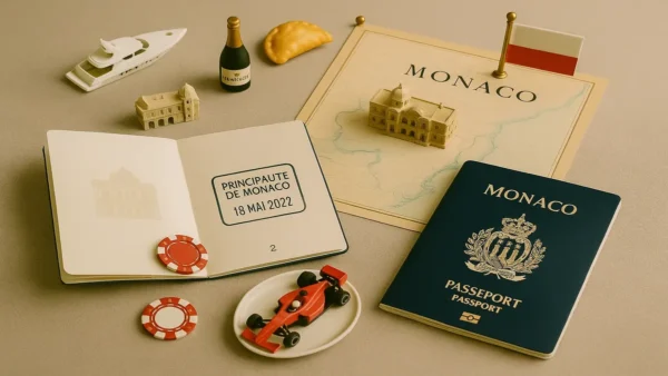 Flat lay image of a Monaco passport, map, casino chips, Formula 1 car, Barbagiuan pastry, and miniature landmarks, created for a Monaco travel guide