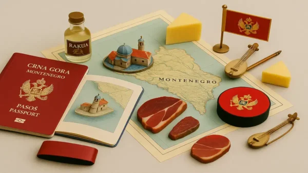 Montenegro Travel Guide: 15 Essential Tips for an Unforgettable First Trip 6 Flat lay of Montenegrin passport, vintage map, Njeguški pršut, cheese, Rakija bottle, kapa, gusle, and Our Lady of the Rocks – Montenegro Travel Guide