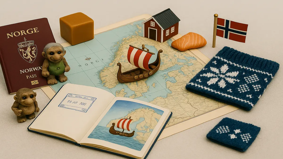 Flat lay with a Norwegian passport, map of Norway, Viking longship, troll figurines, brunost, salmon, and Norwegian flag – Norway Travel Guide