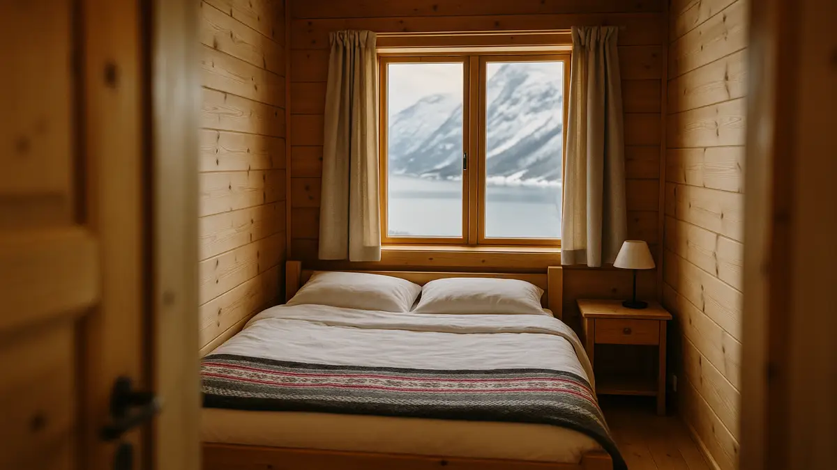 Norway Travel Guide 2025: Essential Tips for an Unforgettable First Trip 3 A cozy wooden bedroom with a view of snowy fjord mountains through the window – Norway Travel Guide