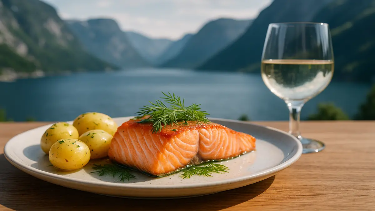 Norway Travel Guide 2025: Essential Tips for an Unforgettable First Trip 5 A plate of Norwegian salmon with boiled potatoes and dill, with a scenic fjord and mountains in the background – Norway Travel Guide
