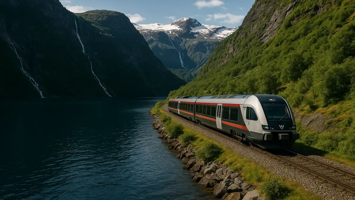 Norway Travel Guide 2025: Essential Tips for an Unforgettable First Trip 4 A sleek Vy Norwegian train traveling beside a fjord with cliffs and waterfalls in the background – Norway Travel Guide