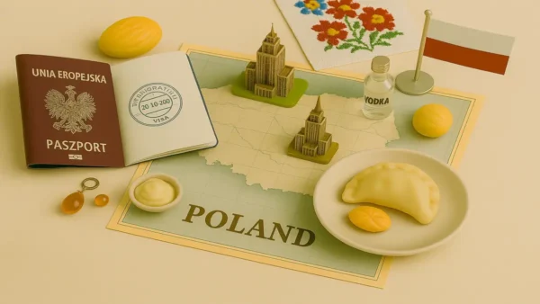 Poland Travel Guide: 15 Essential Tips for an Unforgettable First Trip 6 A detailed flat lay featuring a Polish passport, map of Poland, pierogi, vodka, amber jewelry, and cultural miniatures, representing key travel elements for a Poland travel guide.