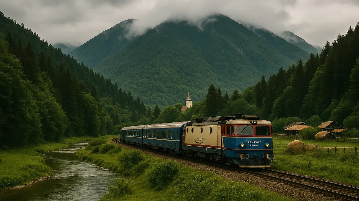 Romania Travel Guide 2025: Essential Tips for an Unforgettable First Trip 4 A classic CFR Călători train traveling through Romania’s Carpathian Mountains alongside a river and misty green peaks – Romania Travel Guide