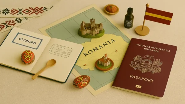 Romania Travel Guide: 15 Essential Tips for an Unforgettable First Trip 6 Flat lay of Romanian passport, map, painted eggs, Bran Castle model, and traditional items – Romania Travel Guide