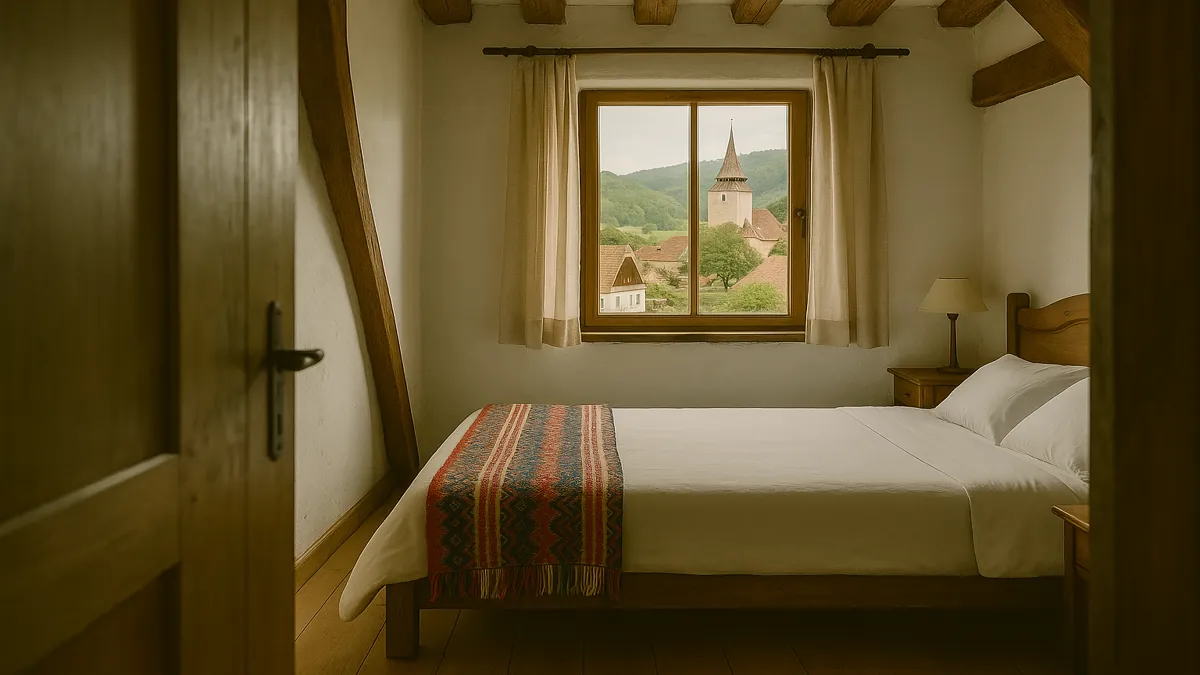 Romania Travel Guide 2025: Essential Tips for an Unforgettable First Trip 3 Traditional Transylvanian guesthouse bedroom with wooden furniture and countryside view – Romania Travel Guide