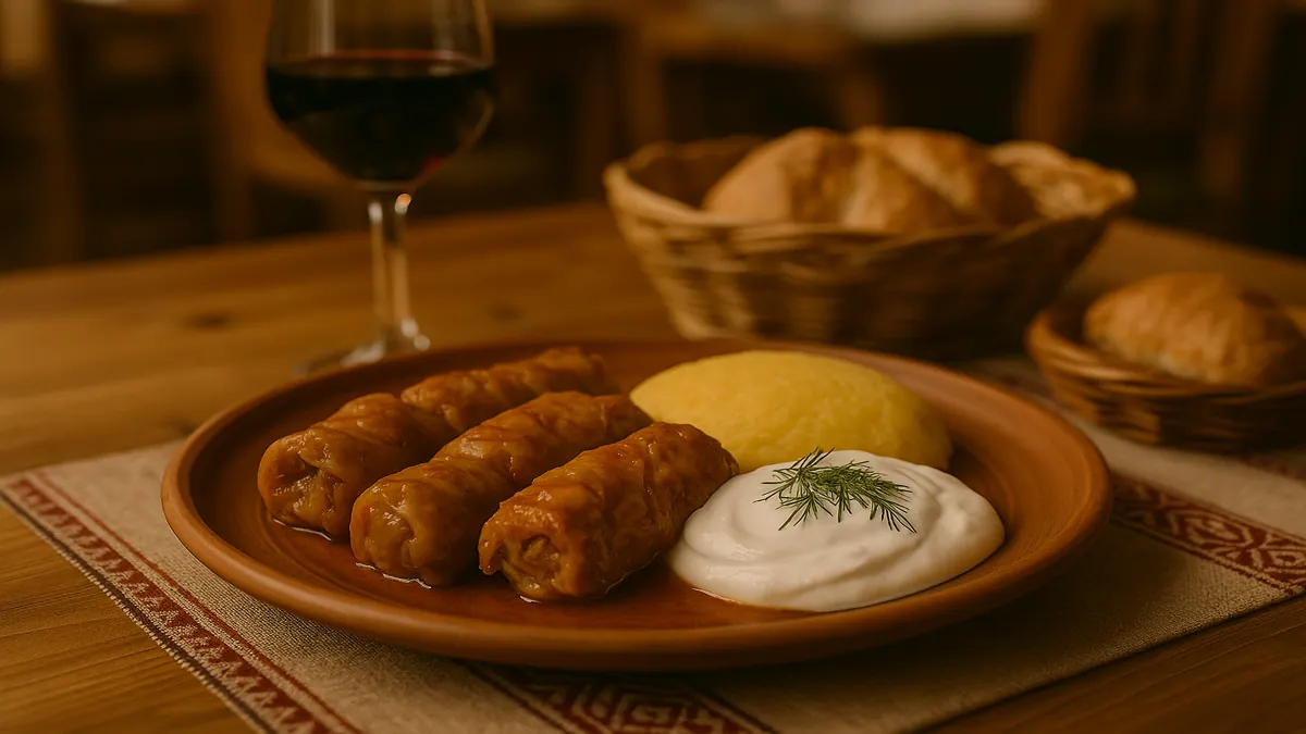 Romania Travel Guide 2025: Essential Tips for an Unforgettable First Trip 5 A traditional Romanian plate with Sarmale cabbage rolls, creamy Mămăligă, and sour cream served in a rustic setting – Romania Travel Guide