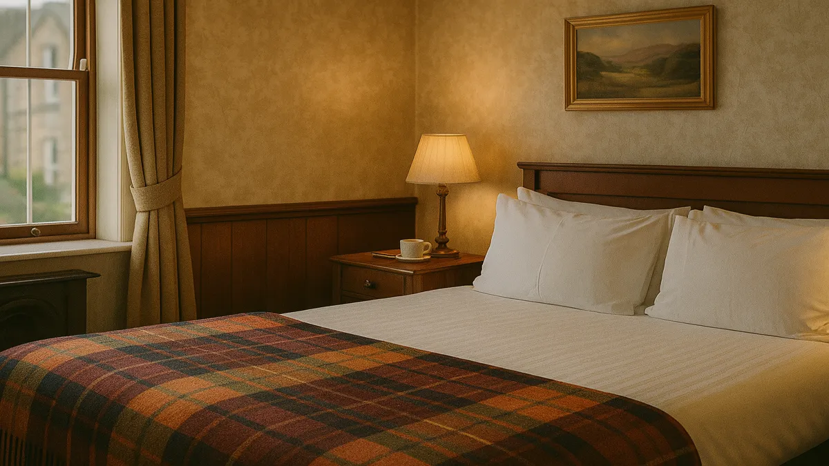 Scotland Travel Guide 2025: Essential Tips for an Unforgettable First Trip 3 Cozy bedroom in a traditional Scottish B&B with tartan blanket, wooden furniture, and natural daylight – Scotland Travel Guide