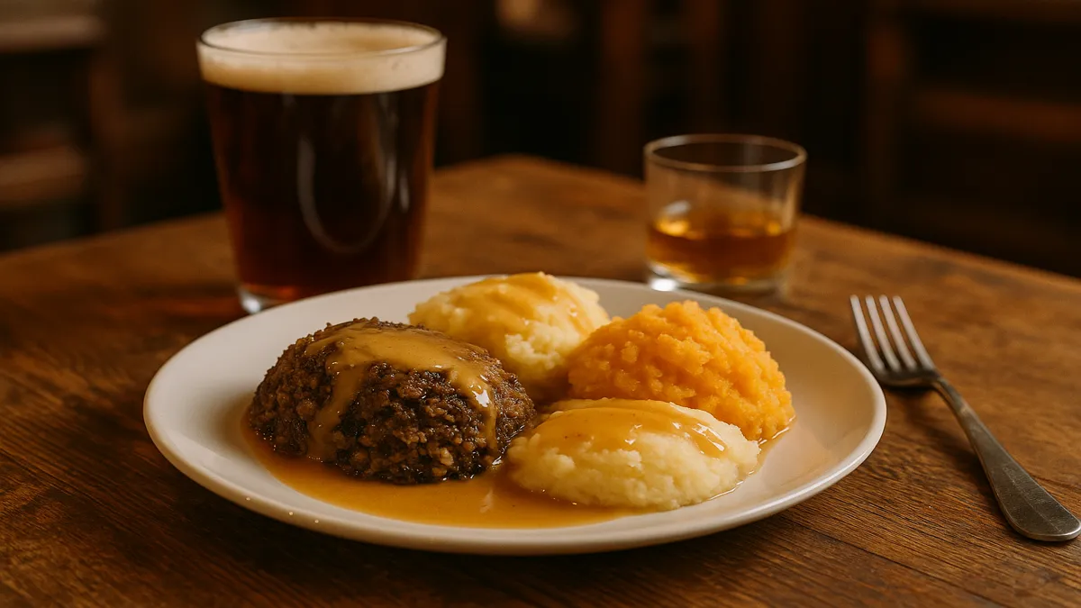 Scotland Travel Guide 2025: Essential Tips for an Unforgettable First Trip 5 Traditional Scottish meal of haggis, neeps, and tatties served with whisky sauce in a cozy pub setting – Scotland Travel Guide