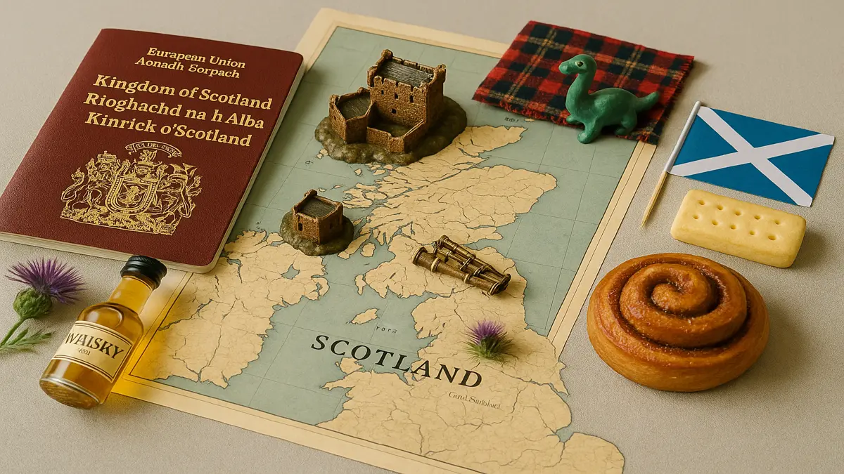 Flat lay of Scottish travel elements with red passport, whisky, tartan, map, and miniature landmarks – Scotland Travel Guide