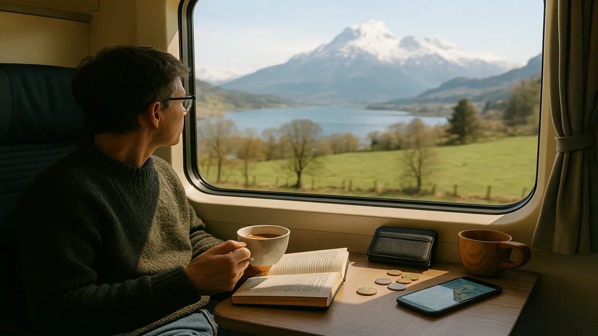 Scotland Travel Guide 2025: Essential Tips for an Unforgettable First Trip 4 Traveler enjoying a scenic train ride, gazing out the window at a picturesque landscape – Comfortable Train Journey. Scotland Travel Guide