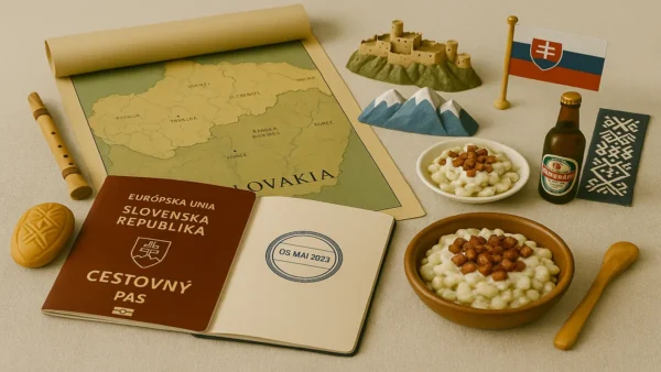 Slovakia Travel Guide: 15 Essential Tips for an Unforgettable First Trip 6 A flat lay of Slovak travel essentials including a passport, traditional food, beer, and cultural items for a Slovakia travel guide