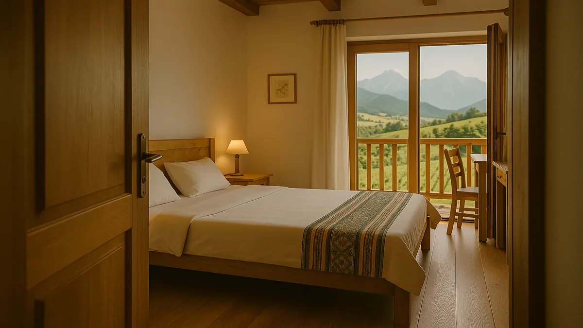 Slovenia Travel Guide 2025: Essential Tips for an Unforgettable First Trip 3 Cozy modern bedroom in a Slovenian guesthouse with a scenic view of the Julian Alps – ideal accommodation featured in the Slovenia Travel Guide.