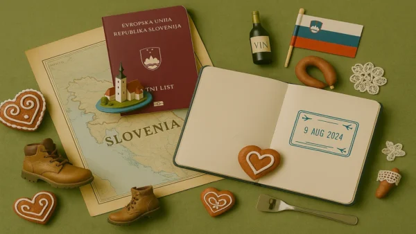 Slovenia Travel Guide: 15 Essential Tips for an Unforgettable First Trip 9 Flat lay image featuring a Slovenian passport, map, Lake Bled church miniature, gingerbread hearts, sausage, wine bottle, and hiking boots on a green textured background.