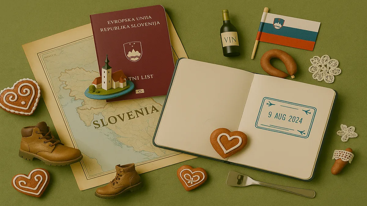 Flat lay image featuring a Slovenian passport, map, Lake Bled church miniature, gingerbread hearts, sausage, wine bottle, and hiking boots on a green textured background.