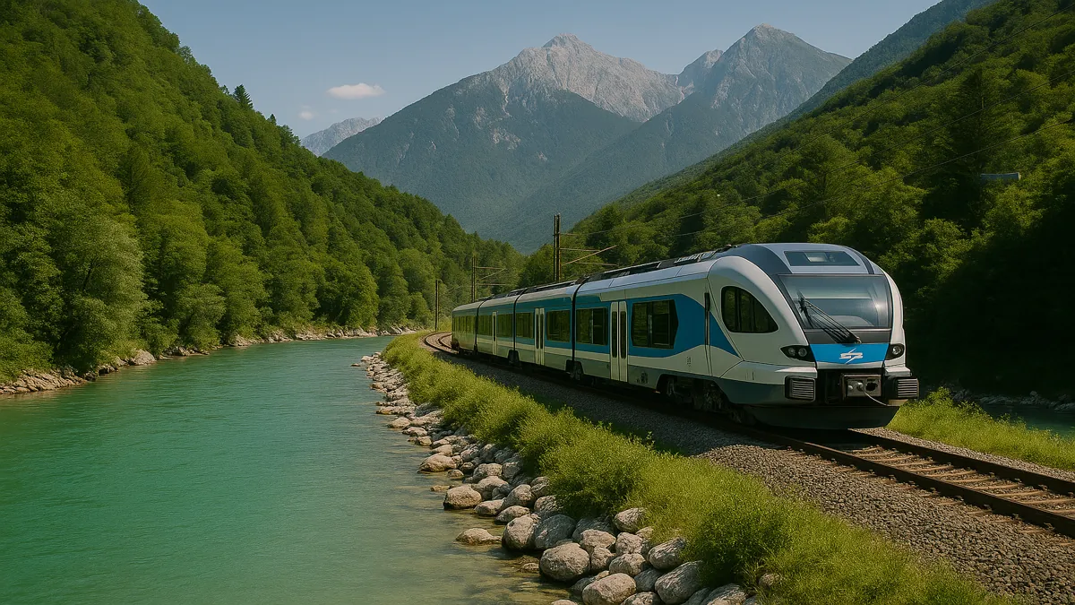 Slovenia Travel Guide 2025: Essential Tips for an Unforgettable First Trip 4 A modern Slovenian train traveling along the turquoise Soča River with the Julian Alps in the background, representing scenic rail travel in Slovenia