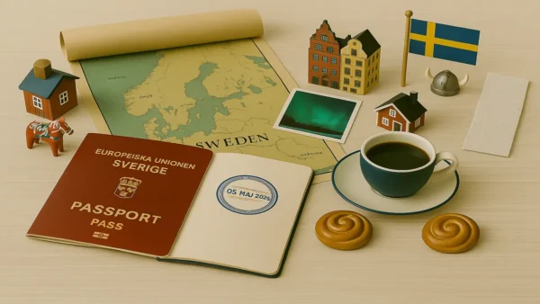 Sweden Travel Guide: 15 Essential Tips for an Unforgettable First Trip 9 Flat lay image with a red Swedish passport, cinnamon buns, and cultural miniatures on a vintage Sweden map for a Sweden travel guide