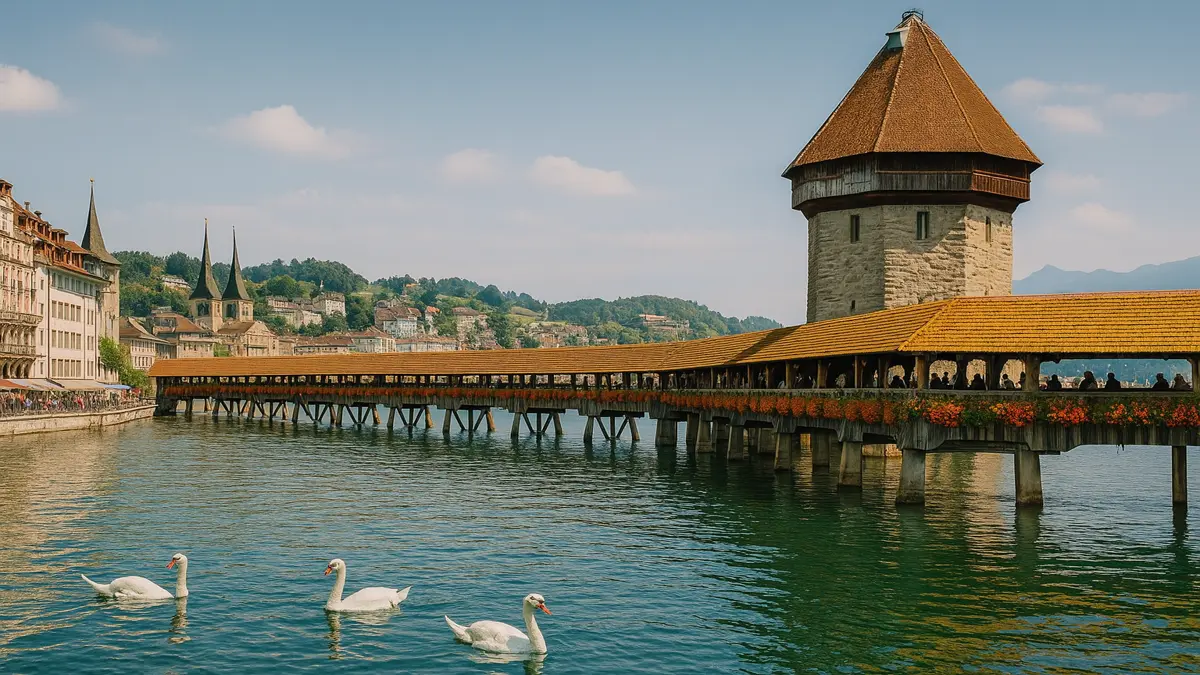 Switzerland Travel Guide 2025: Essential Tips for an Unforgettable Alpine Adventure 3 Lucerne's Chapel Bridge and Water Tower with swans on the Reuss River under a clear sky – Top Destinations Switzerland Travel Guide