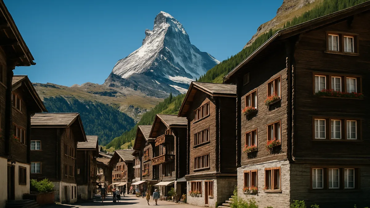Switzerland Travel Guide 2025: Essential Tips for an Unforgettable Alpine Adventure 4 Zermatt village with wooden chalets and the Matterhorn mountain under a clear sky – Switzerland Travel Guide