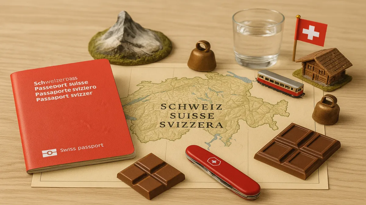 Flat lay with Swiss passport, map, chocolate, Army knife & Matterhorn – Essentials for first-time visitors. Switzerland Travel Guide