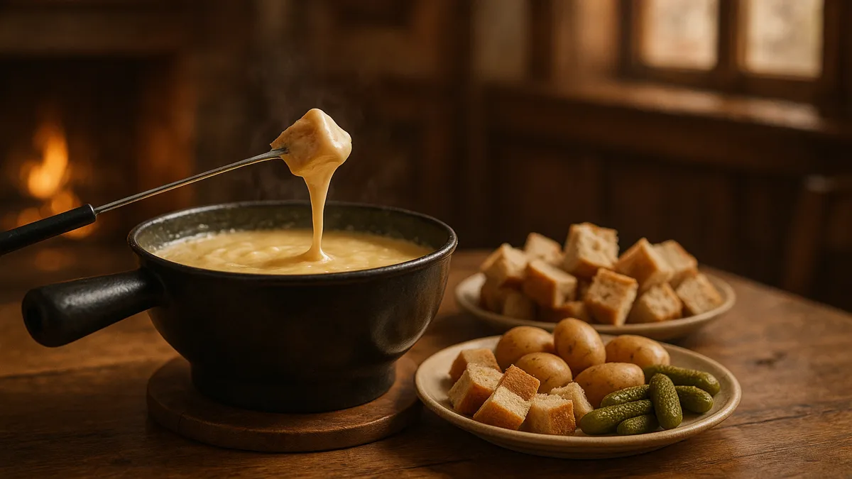 Switzerland Travel Guide 2025: Essential Tips for an Unforgettable Alpine Adventure 5 Traditional Swiss cheese fondue pot with bread cubes, potatoes, and pickles in a cozy chalet setting – Must-Try Foods in Switzerland