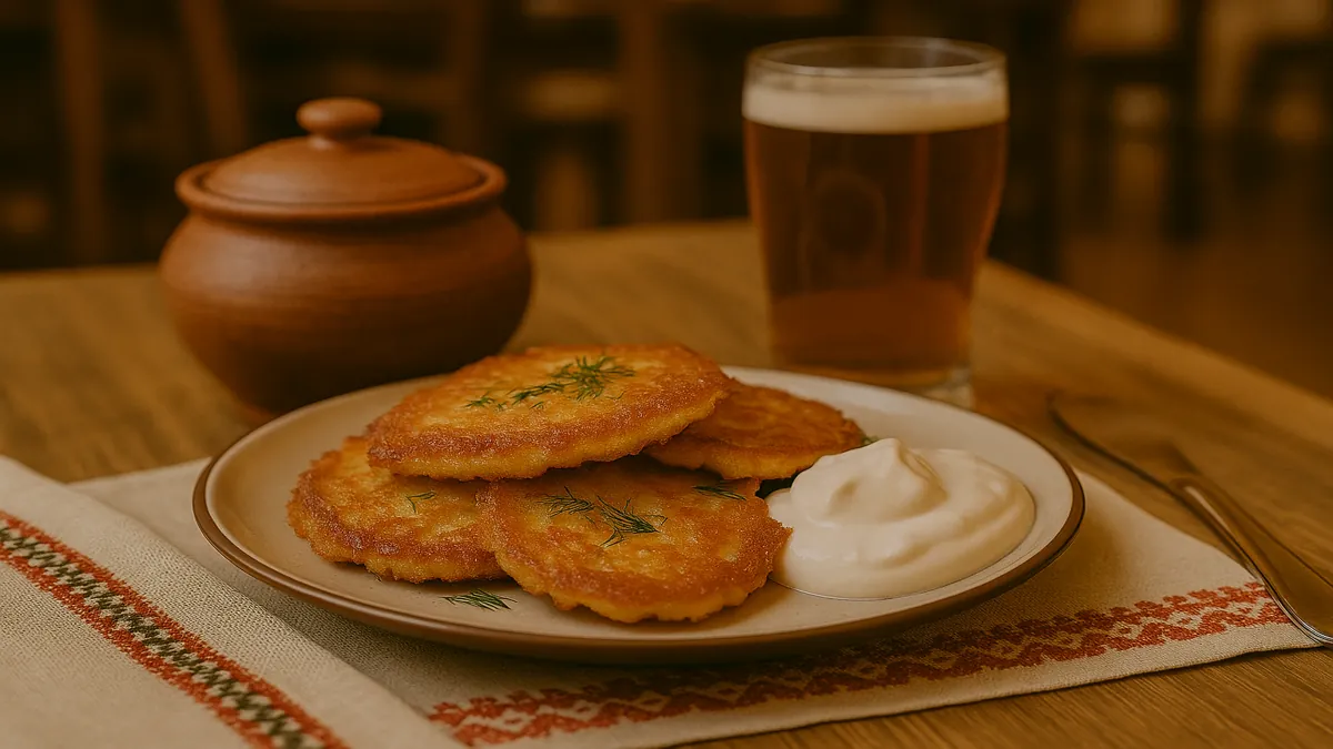 Belarus Travel Guide 2025: Essential Tips for an Unforgettable First Trip 5 A plate of golden potato pancakes served with sour cream and beer, showcasing authentic Belarusian cuisine for a Belarus travel guide