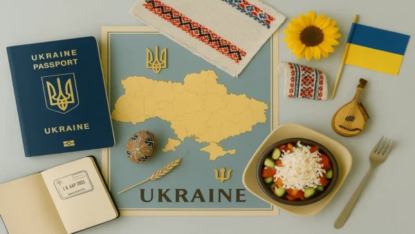 Ukraine Travel Guide: 15 Essential Tips for an Unforgettable First Trip 6 Flat lay photograph featuring an open Ukrainian passport, traditional pysanka egg, wheat sprig, map of Ukraine, Tryzub, sunflower, and embroidered fabric – Ukraine Travel Guide