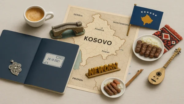 Kosovo Travel Guide: 15 Essential Tips for an Unforgettable First Trip 9 A flat lay with a Kosovo map, passport, qebapa, traditional symbols, and mini landmarks, created for a Kosovo travel guide